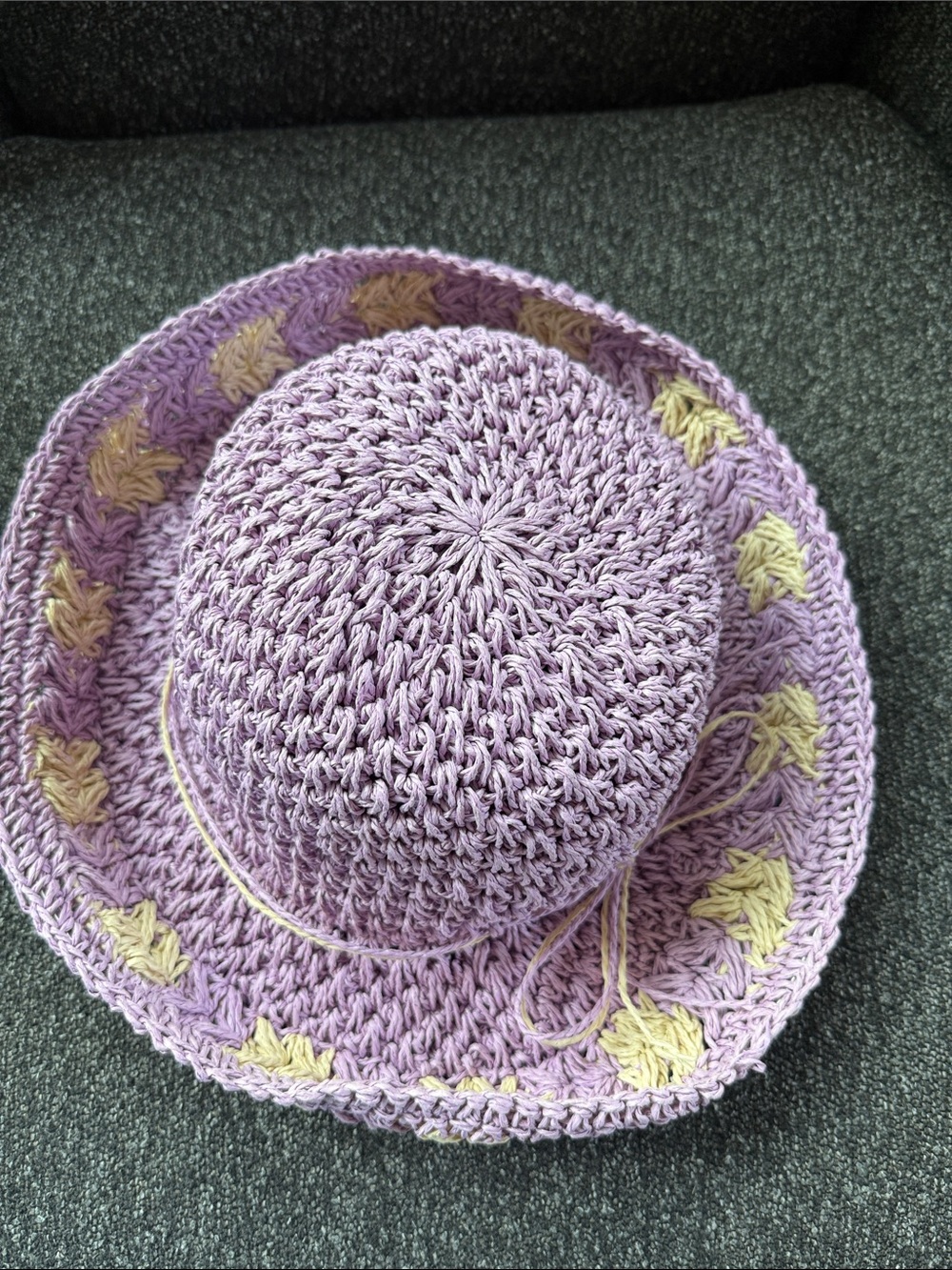 Handmade Lavender Crochet Sun Hat with Cream Accents and Adjustable